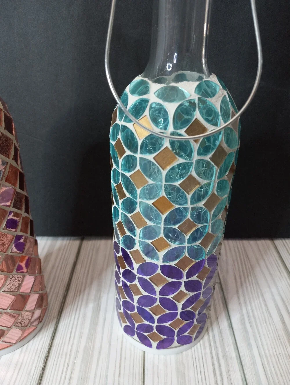 Handcrafted Mosaic Glass Bottle Lantern Fairy Light Set - Pink and Teal
